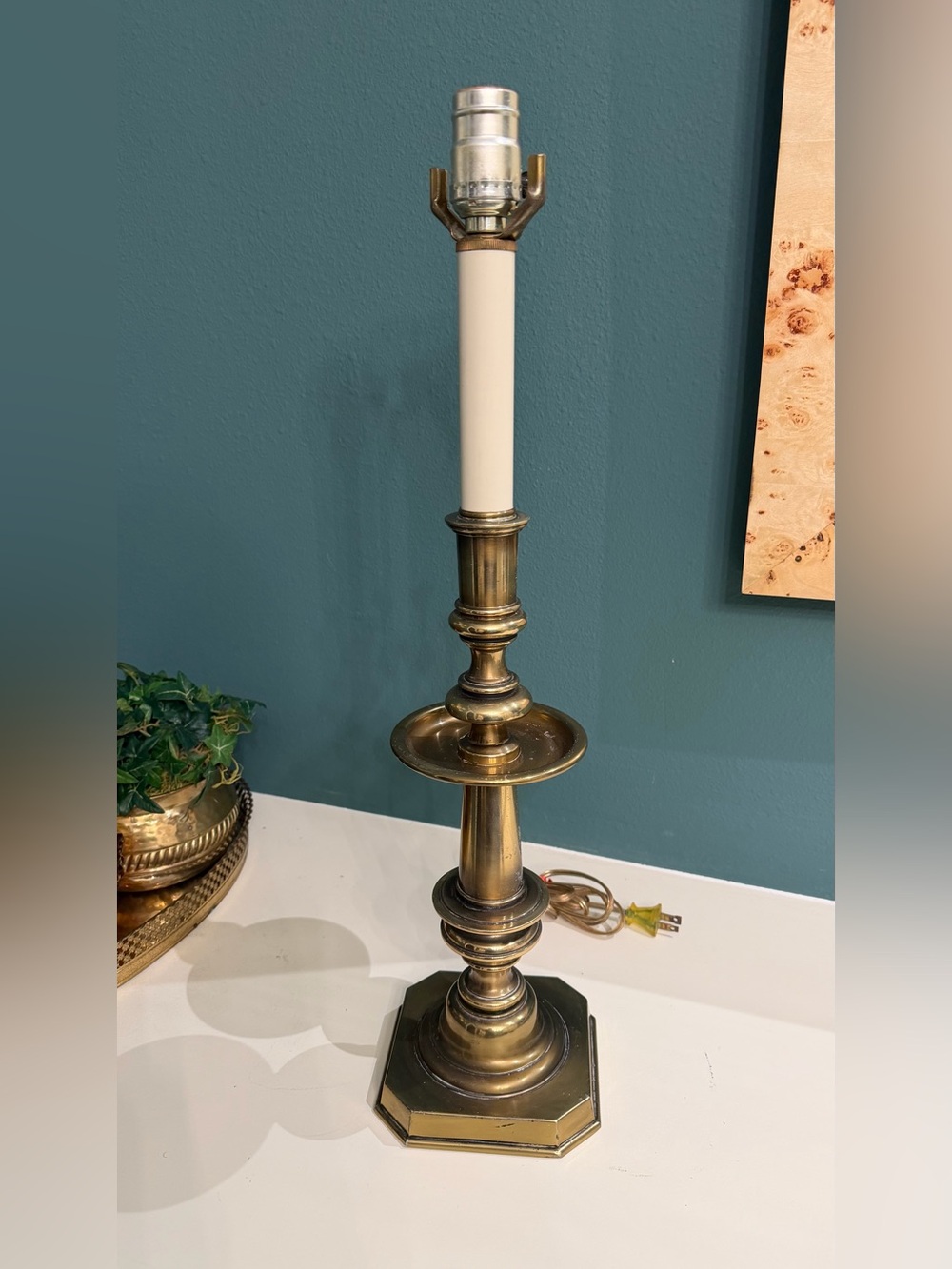 Vintage Brass Candlestick Table Lamp with White Column. MCM. Hollywood Regency